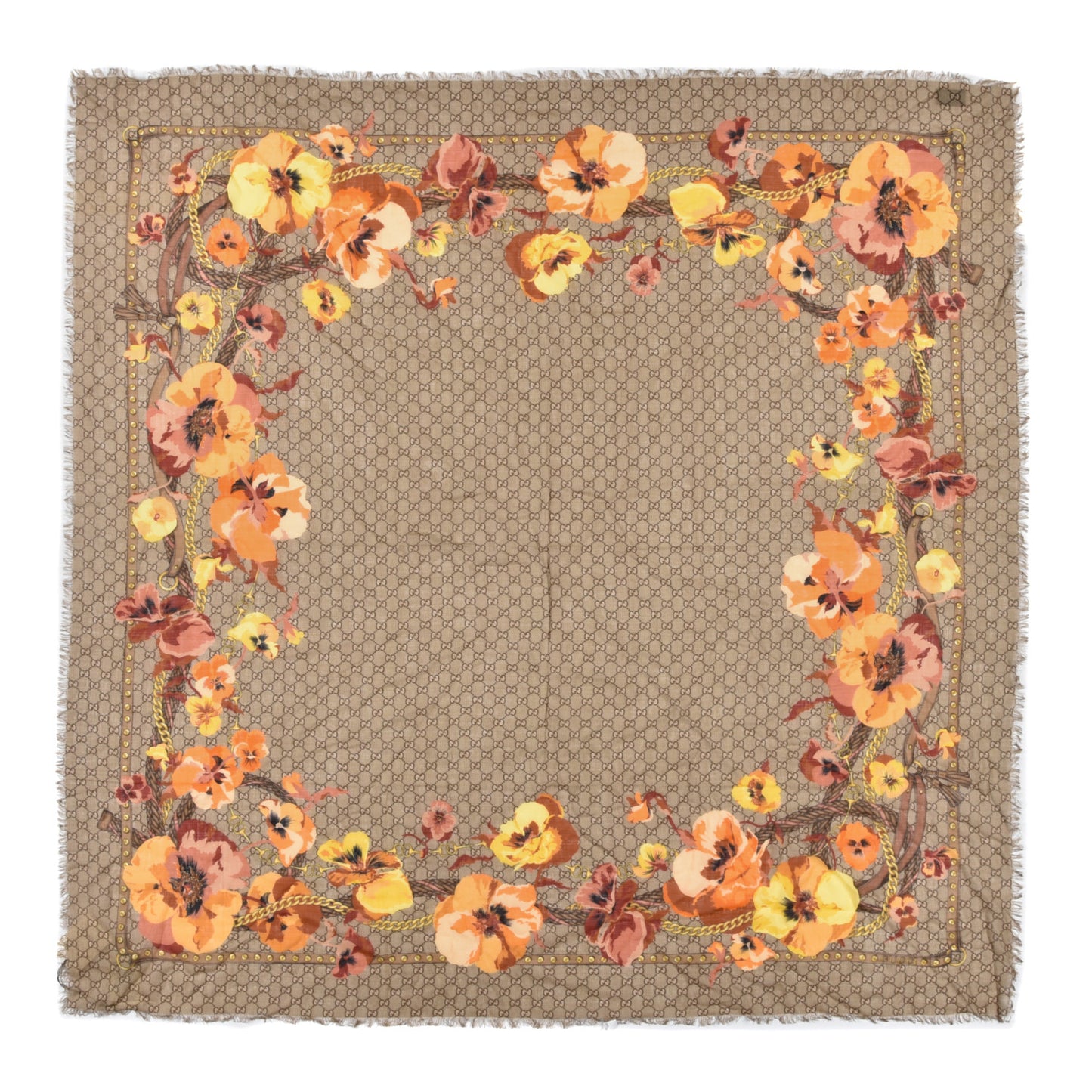 Wool Jacquard GG Monogram Big Panshie Fringe Shawl Sun Beige