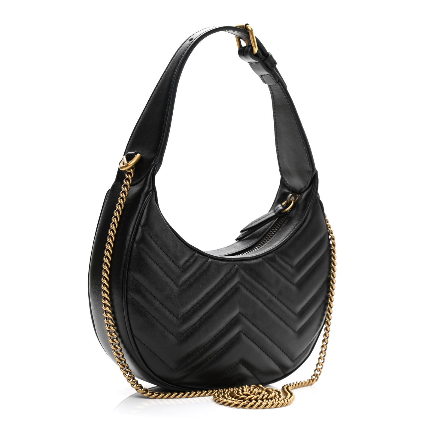 Calfskin Matelasse Chevron Mini GG Marmont Half Moon Hobo Black
