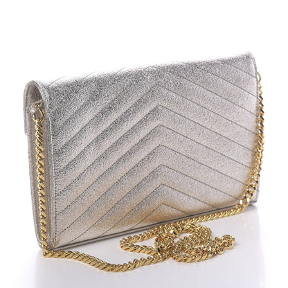 Saint Laurent Metallic Crackled Calfskin Matelasse Chevron Monogram Chain Wallet Platine 3 of 10