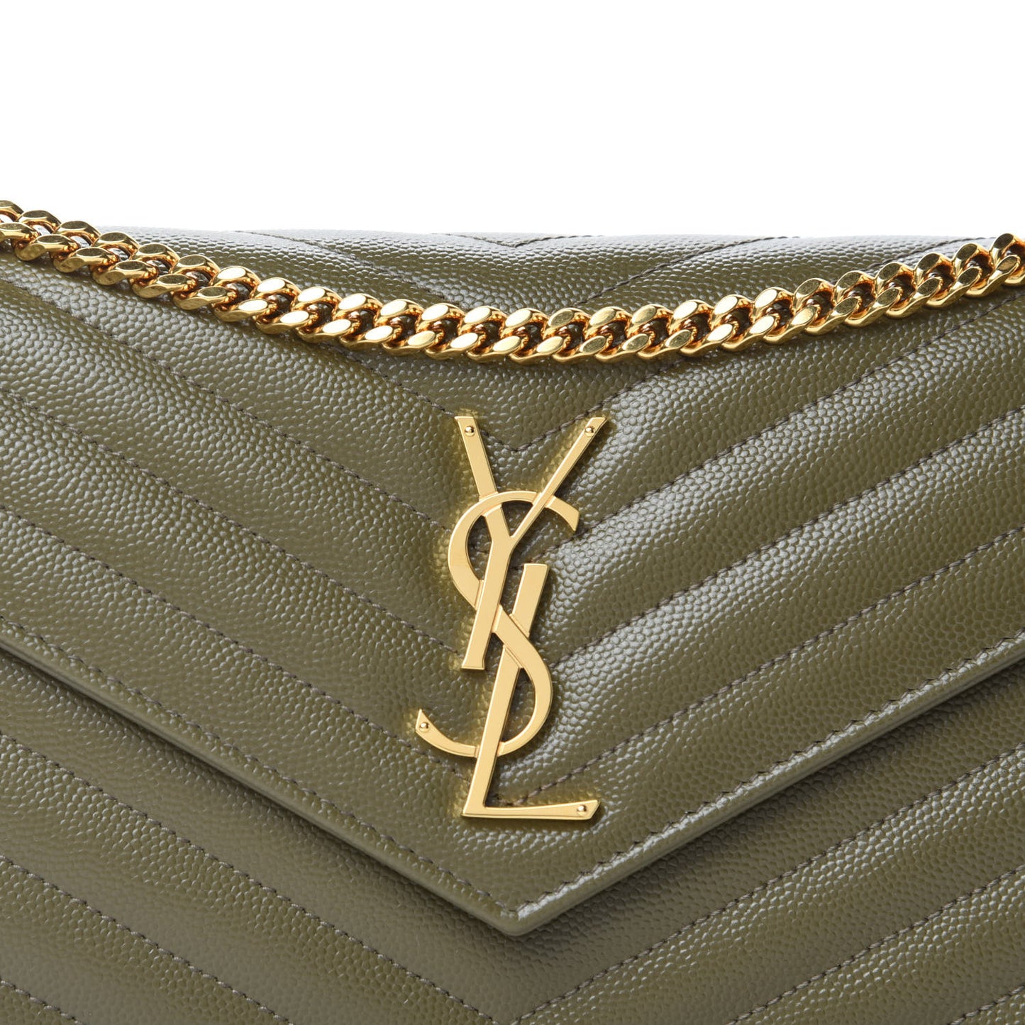 Grain De Poudre Matelasse Chevron Monogram Chain Wallet Vert Kaki