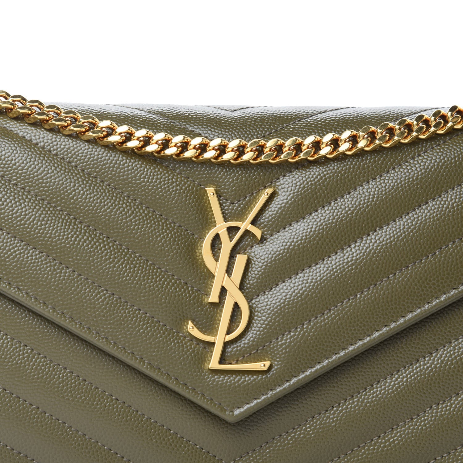 Saint Laurent Grain De Poudre Matelasse Chevron Monogram Chain Wallet Vert Kaki 10 of 10