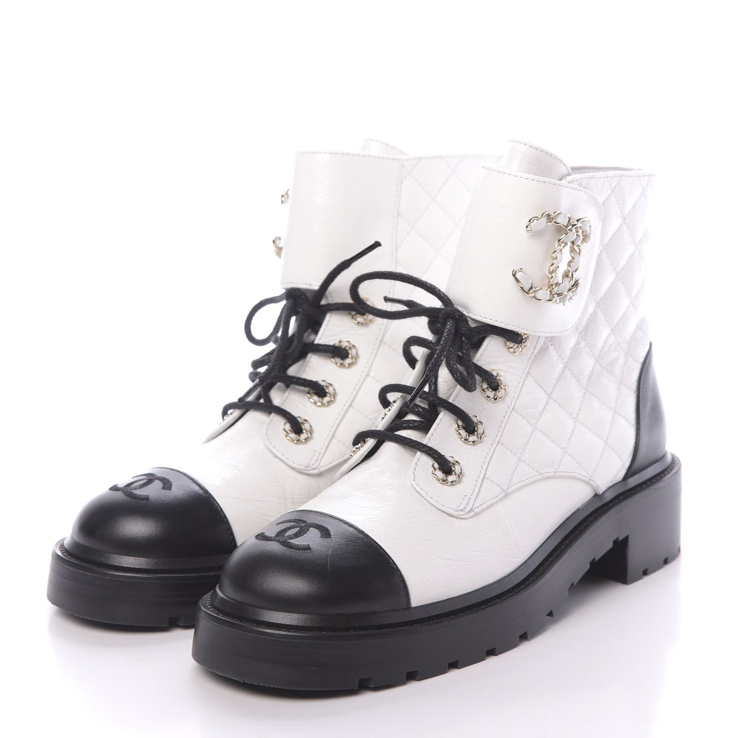 Shiny Goatskin Calfskin Quilted Lace Up Combat Boots 38.5 White Black