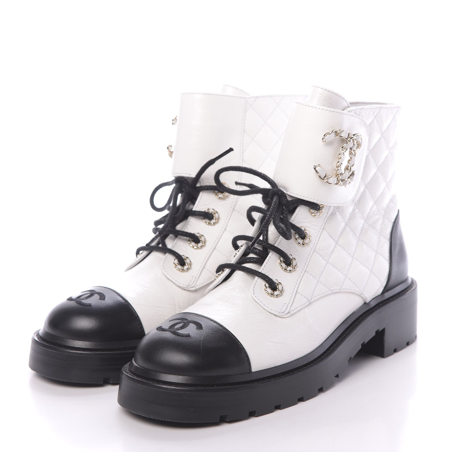 Chanel Shiny Goatskin Calfskin Quilted Lace Up Combat Boots 38.5 White Black 3 of 10