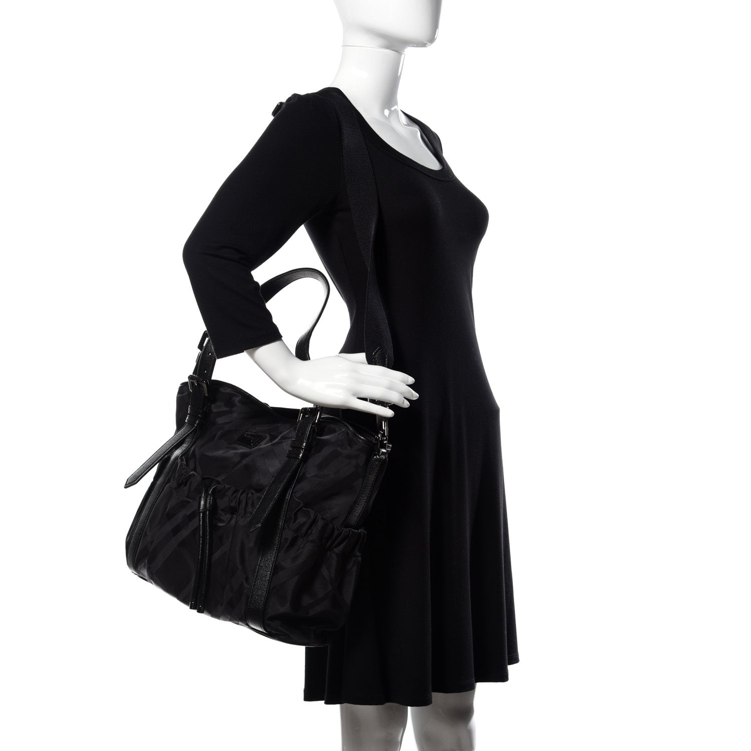 Burberry Nylon Tonal Check Drawstring Tote Black 2 of 9