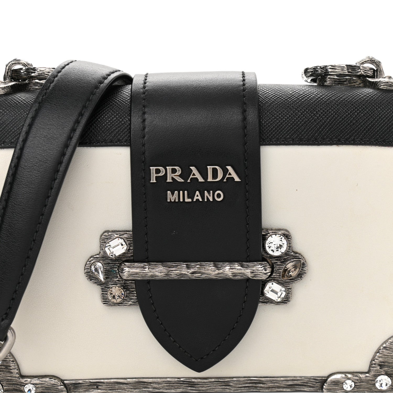 Prada Crystal City Calf Saffiano Cahier Shoulder Bag Talco Black 6 of 8
