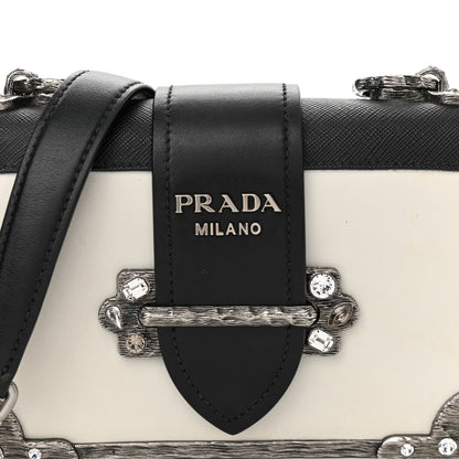 Prada Crystal City Calf Saffiano Cahier Shoulder Bag Talco Black 6 of 8