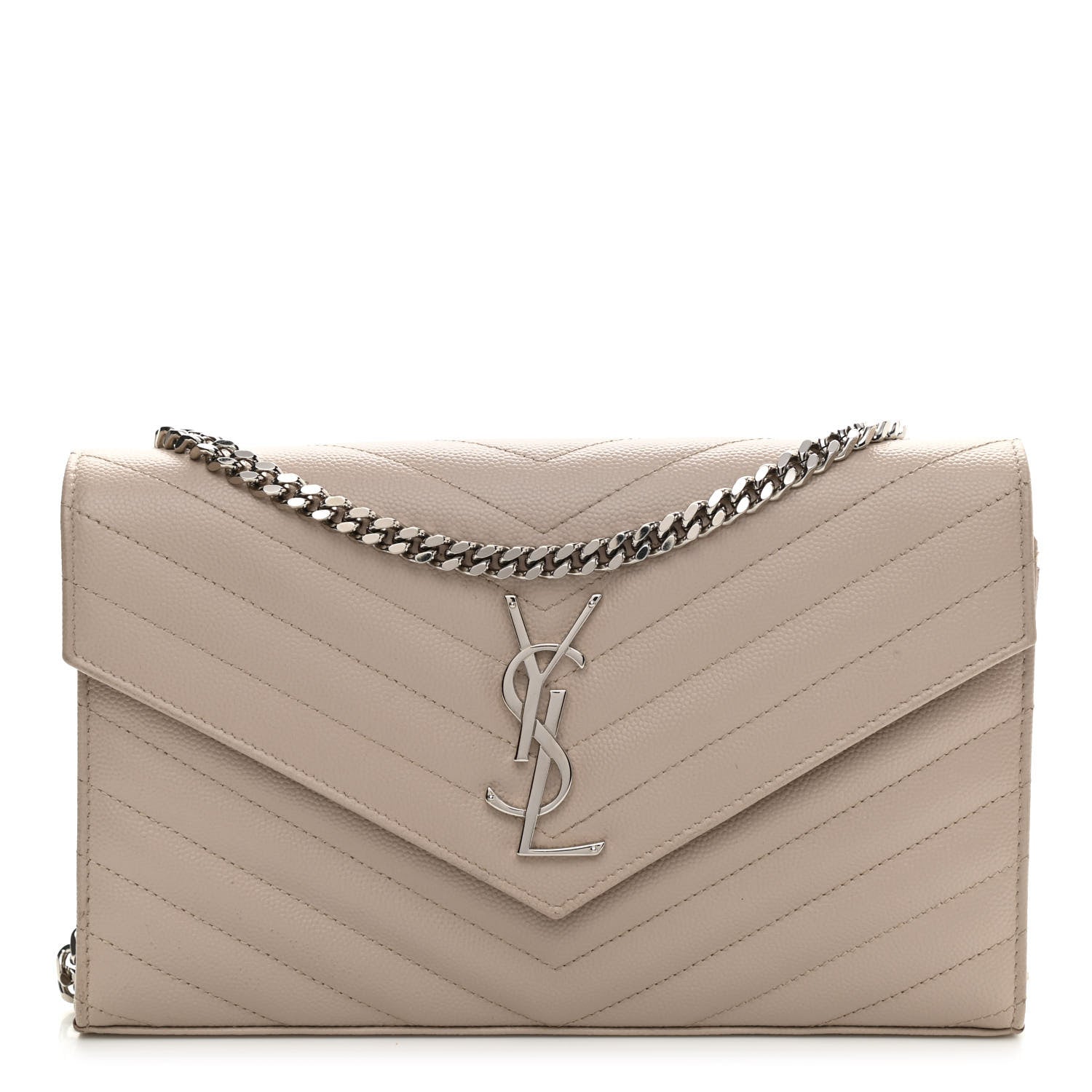 Saint Laurent Grain De Poudre Matelasse Chevron Monogram Chain Wallet Dark Beige 1 of 13
