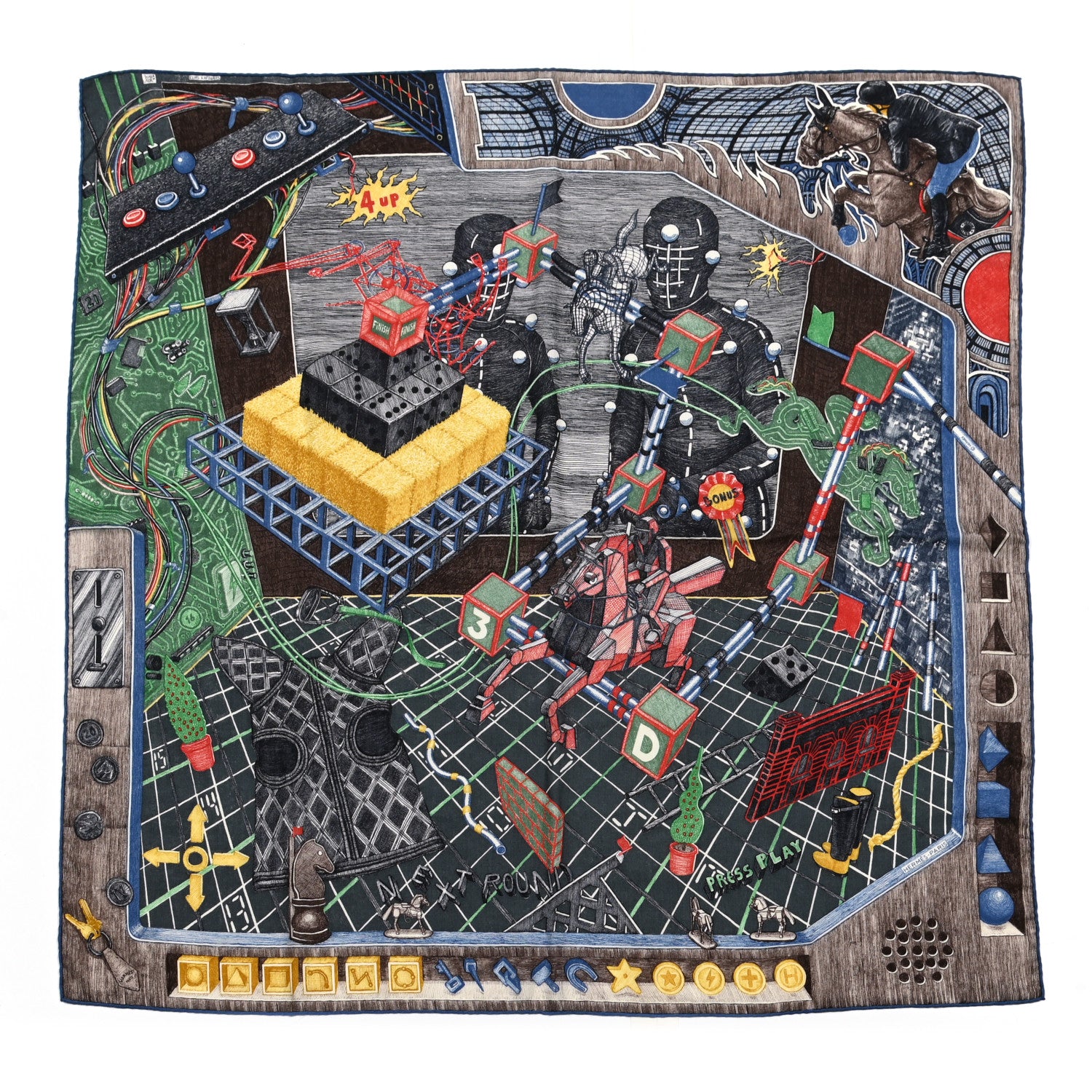 Hermes Cashmere Silk The Game Scarf 100 Anthracite Rouge Vert 1 of 5