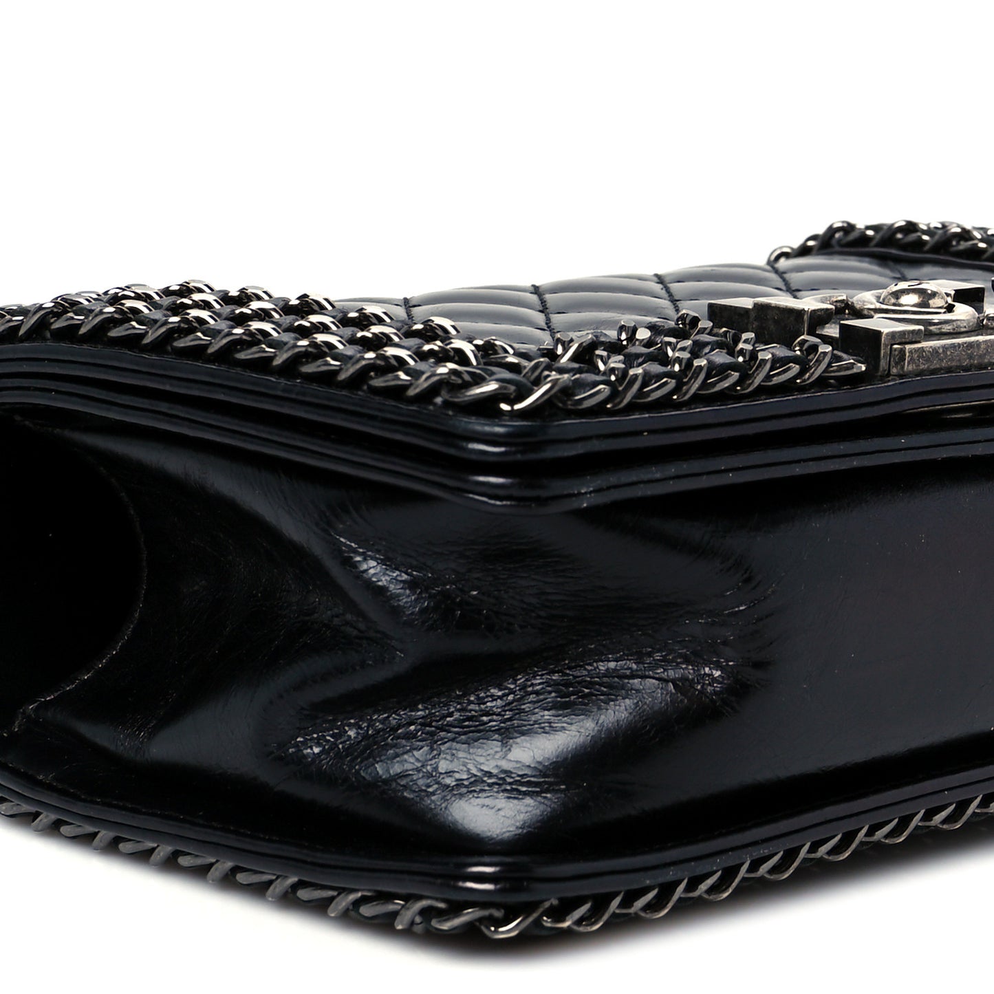 Glazed Calfskin Quilted Small Boy Chained Flap Black