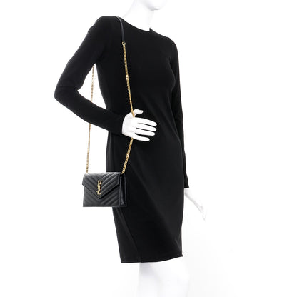 Saint Laurent Grain De Poudre Matelasse Chevron Monogram Envelope Chain Wallet Black 2 of 8