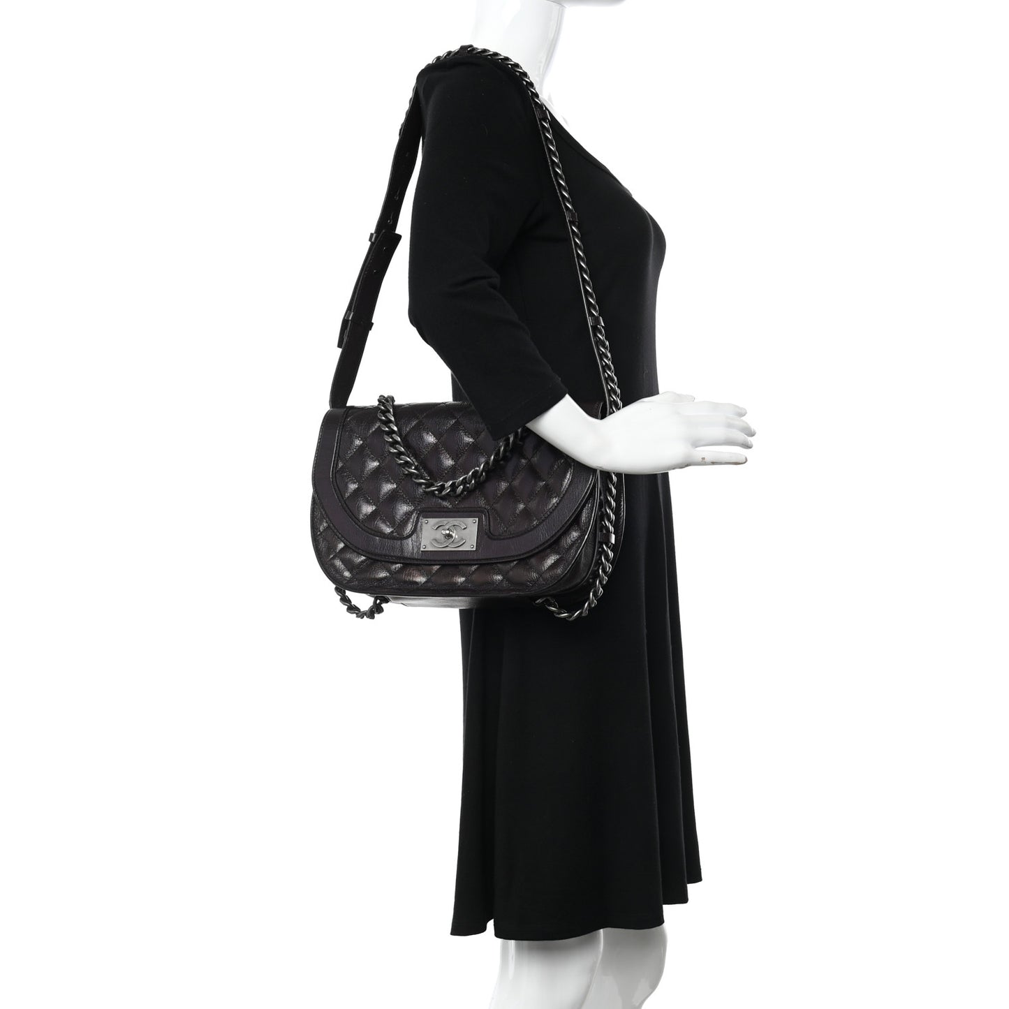Shiny Goatskin Quilted Medium Double Chained Messenger Flap Charcoal
