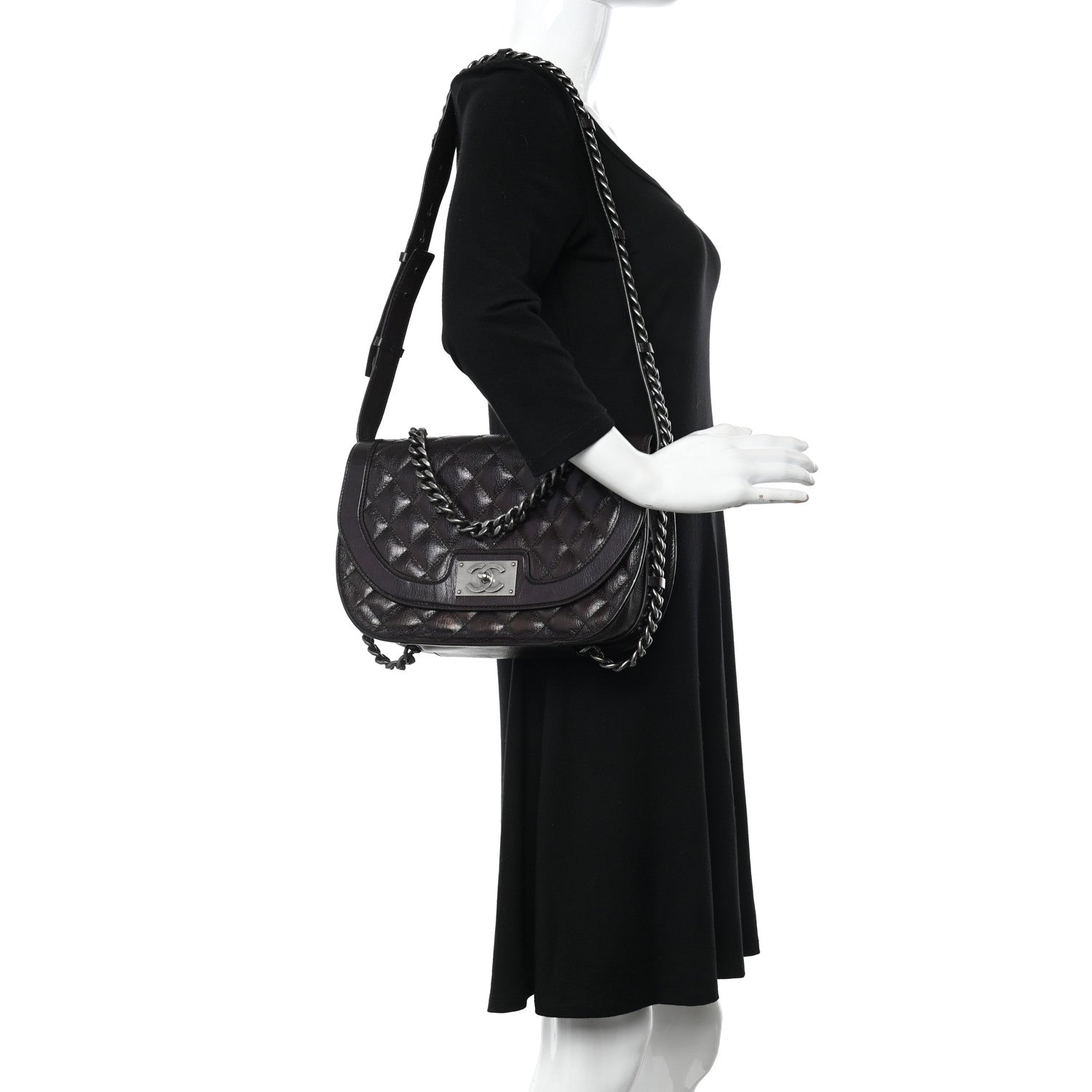 Chanel Shiny Goatskin Quilted Medium Double Chained Messenger Flap Charcoal 2 of 13