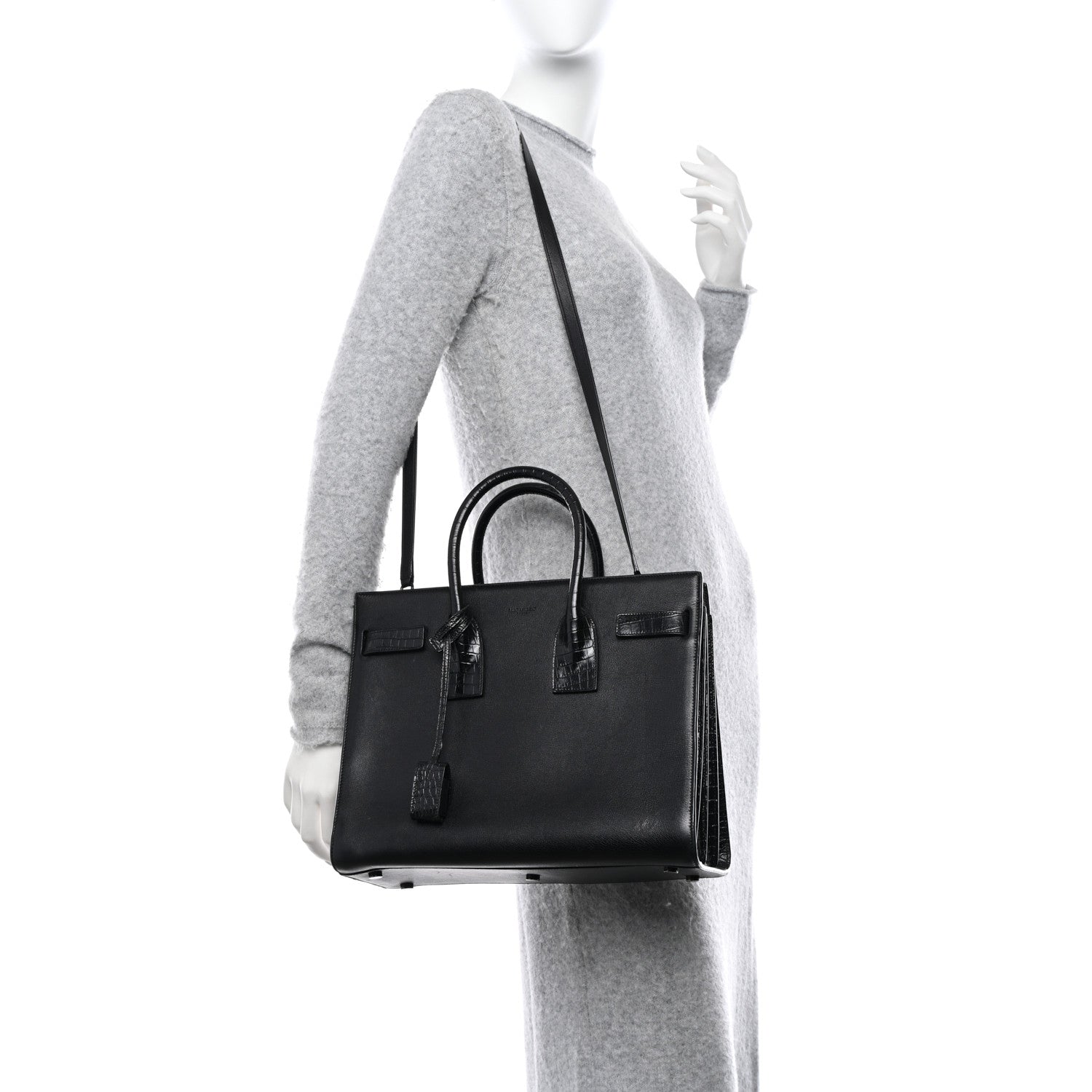 Saint Laurent Calfskin Crocodile Embossed Small Sac de Jour Black 2 of 13