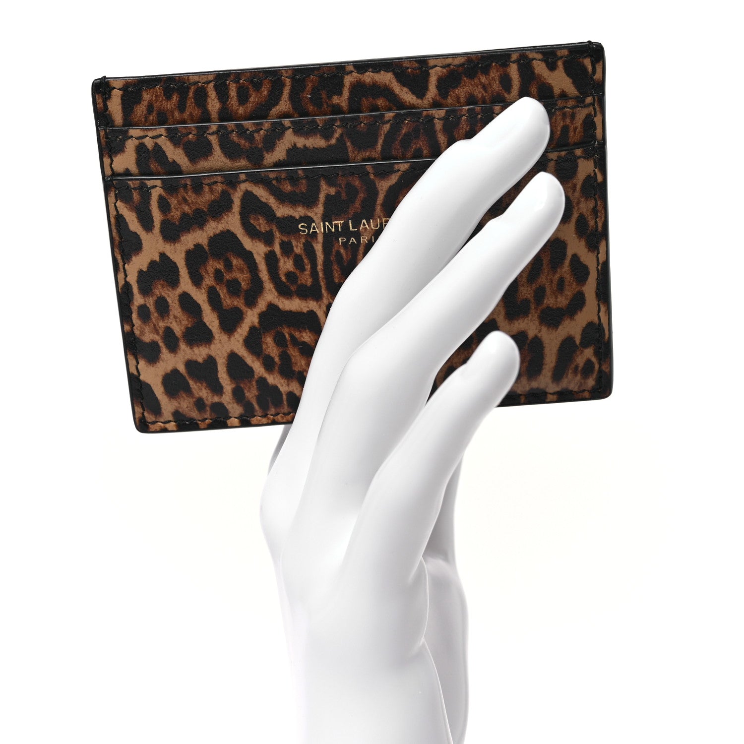 Saint Laurent Calfskin Leopard Printed Cassandra Credit Card Case Toffee 2 of 7