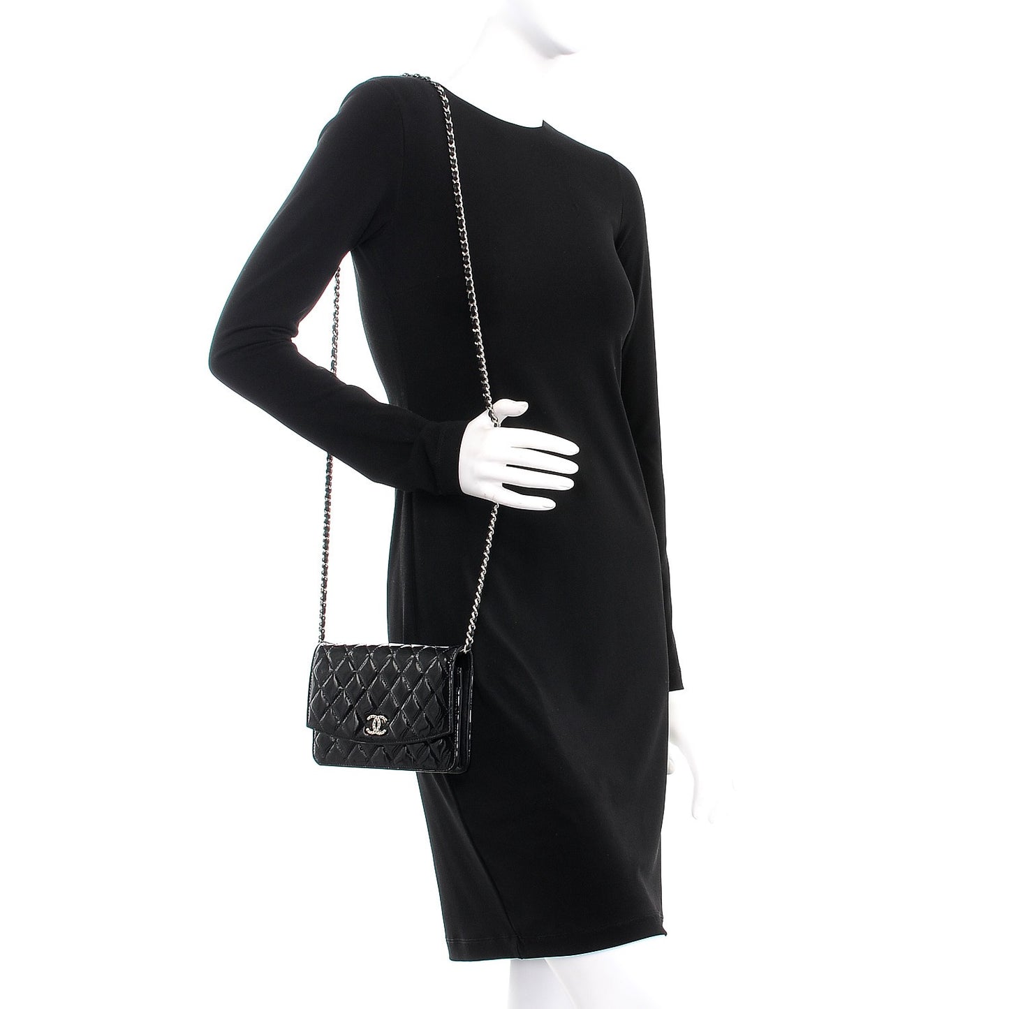 Patent Quilted Brilliant Wallet On Chain WOC Black