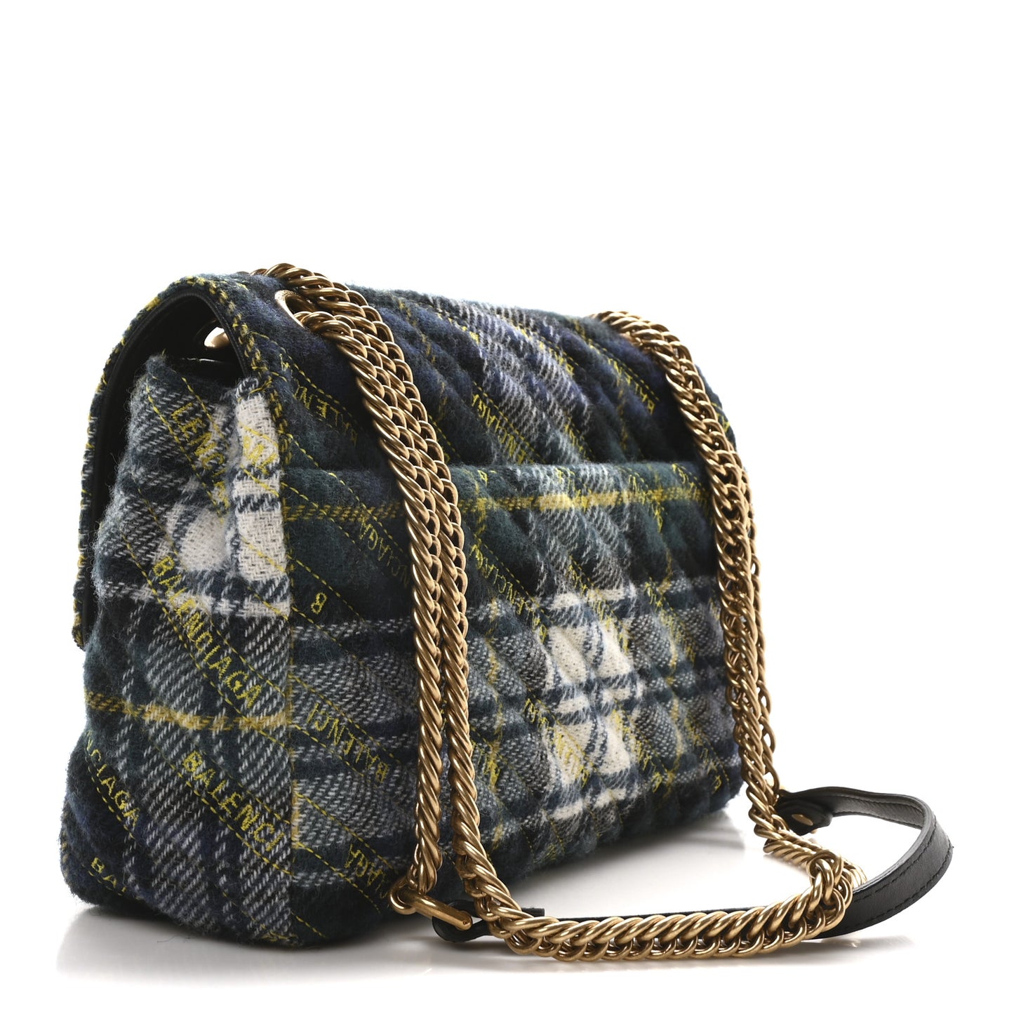 Wool Plaid Diagonal Allover Logo Matelasse M BB Round Shoulder Bag Green Blue Yellow