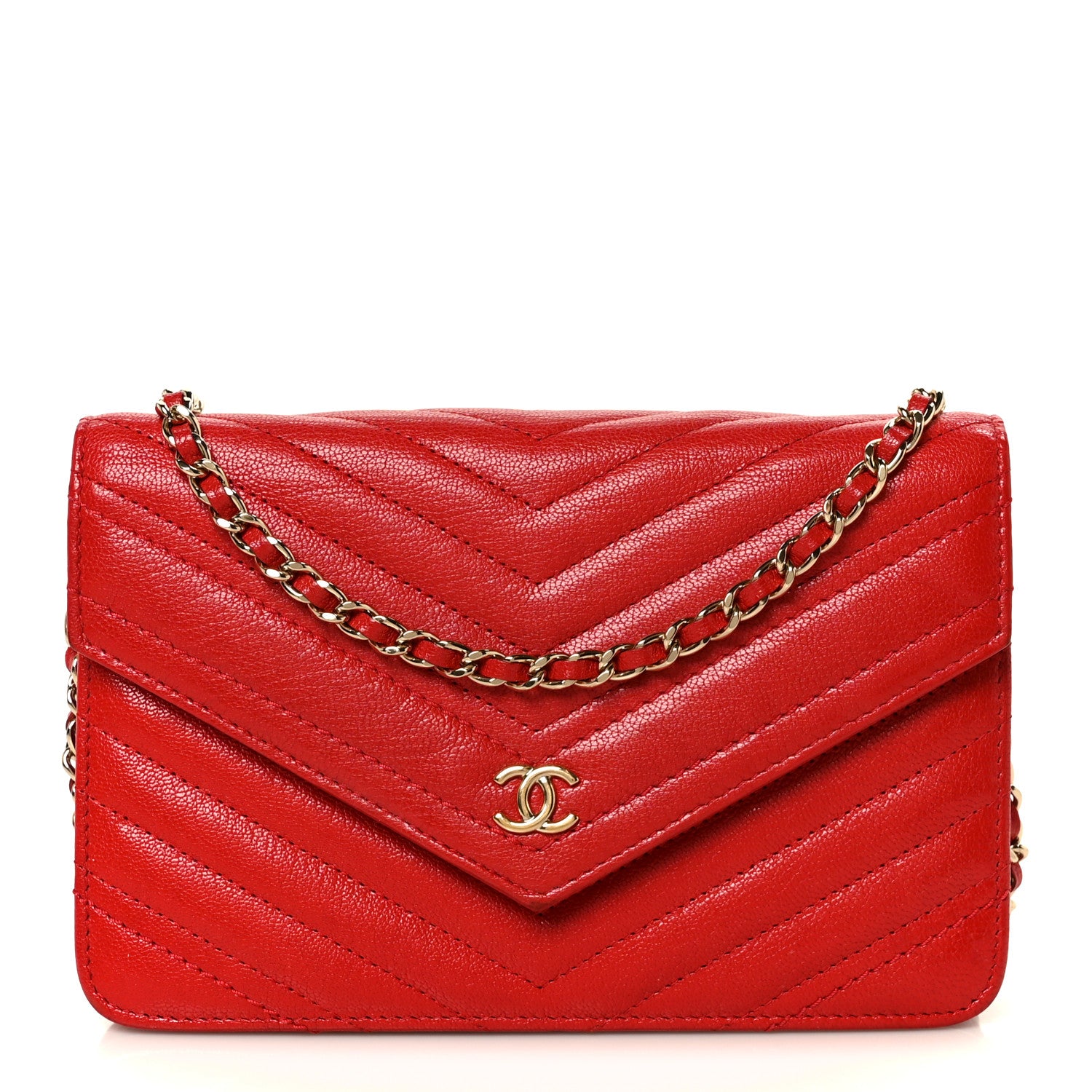 Chanel Goatskin Chevron Quilted Statement Wallet On Chain WOC Red 1 of 12