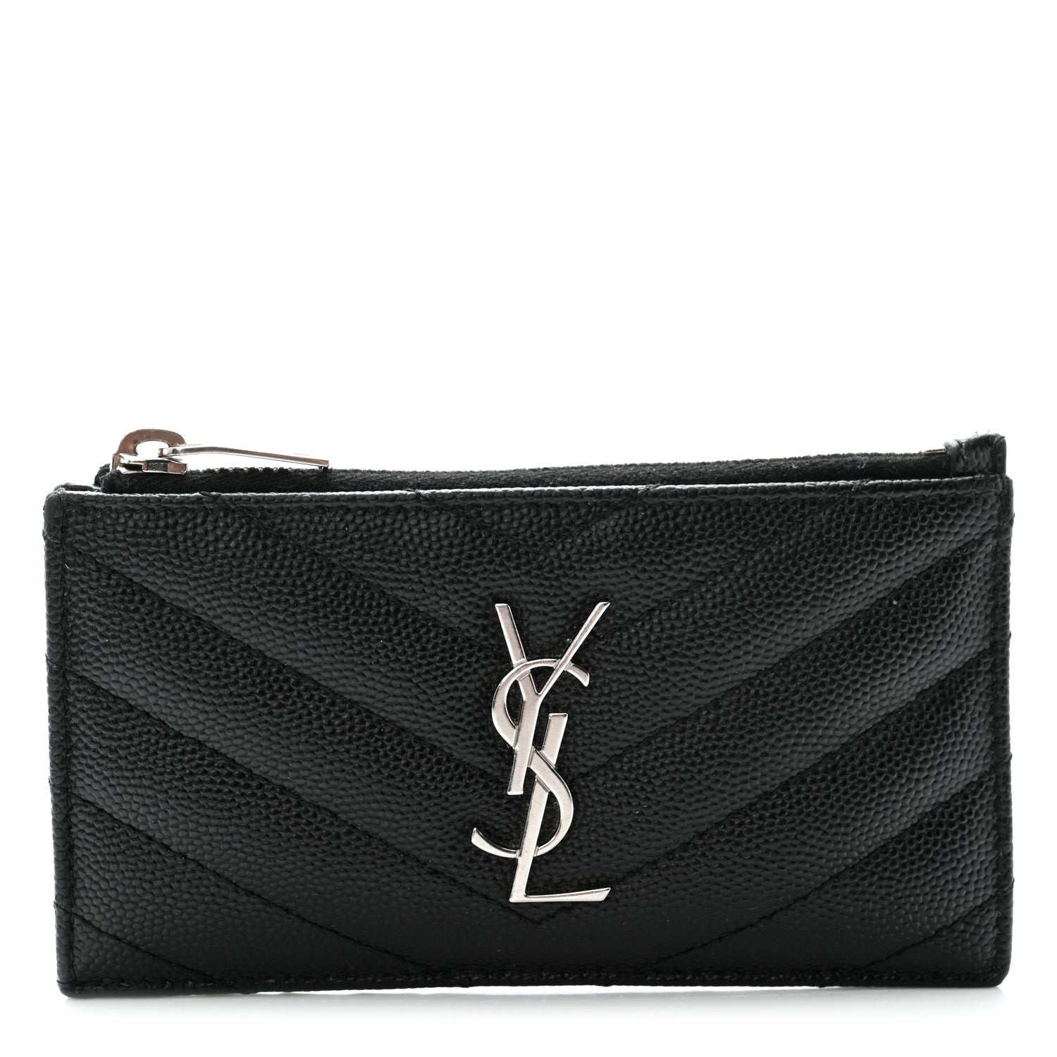 Saint Laurent Grain De Poudre Matelasse Chevron Monogram Fragments Zippered Card Case Black 1 of 7