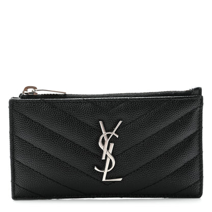 Saint Laurent Grain De Poudre Matelasse Chevron Monogram Fragments Zippered Card Case Black 1 of 7