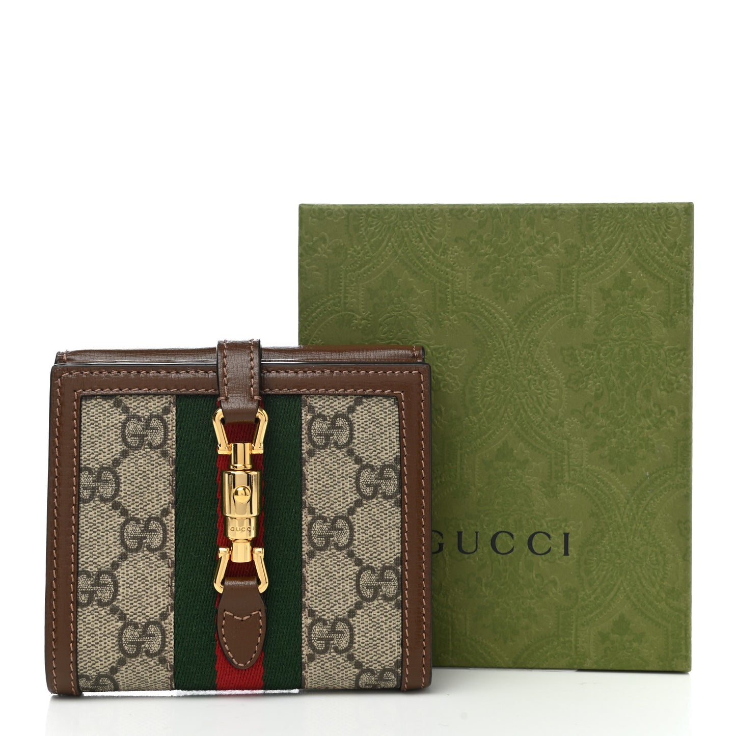 GG Supreme Monogram Textured Calfskin Web Jackie 1961 French Flap Wallet Beige Ebony Brown Sugar