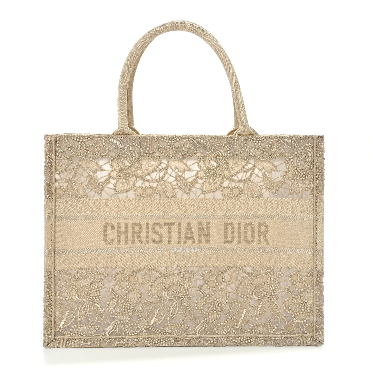 Transparent Metallic Embroidered Mesh Macrame Medium Book Tote Gold