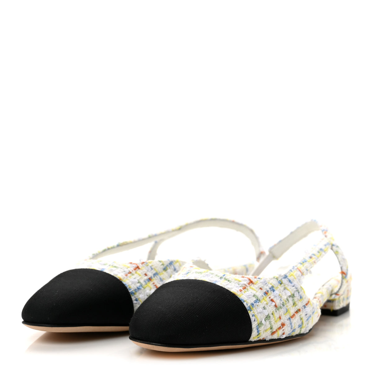 Chanel Tweed Grosgrain Cap Toe CC Slingback Flat 38 White Multicolor 4 of 10