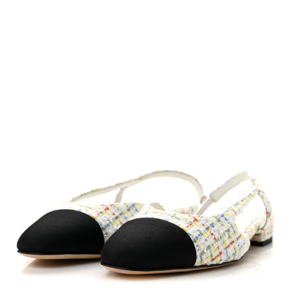 Chanel Tweed Grosgrain Cap Toe CC Slingback Flat 38 White Multicolor 4 of 10