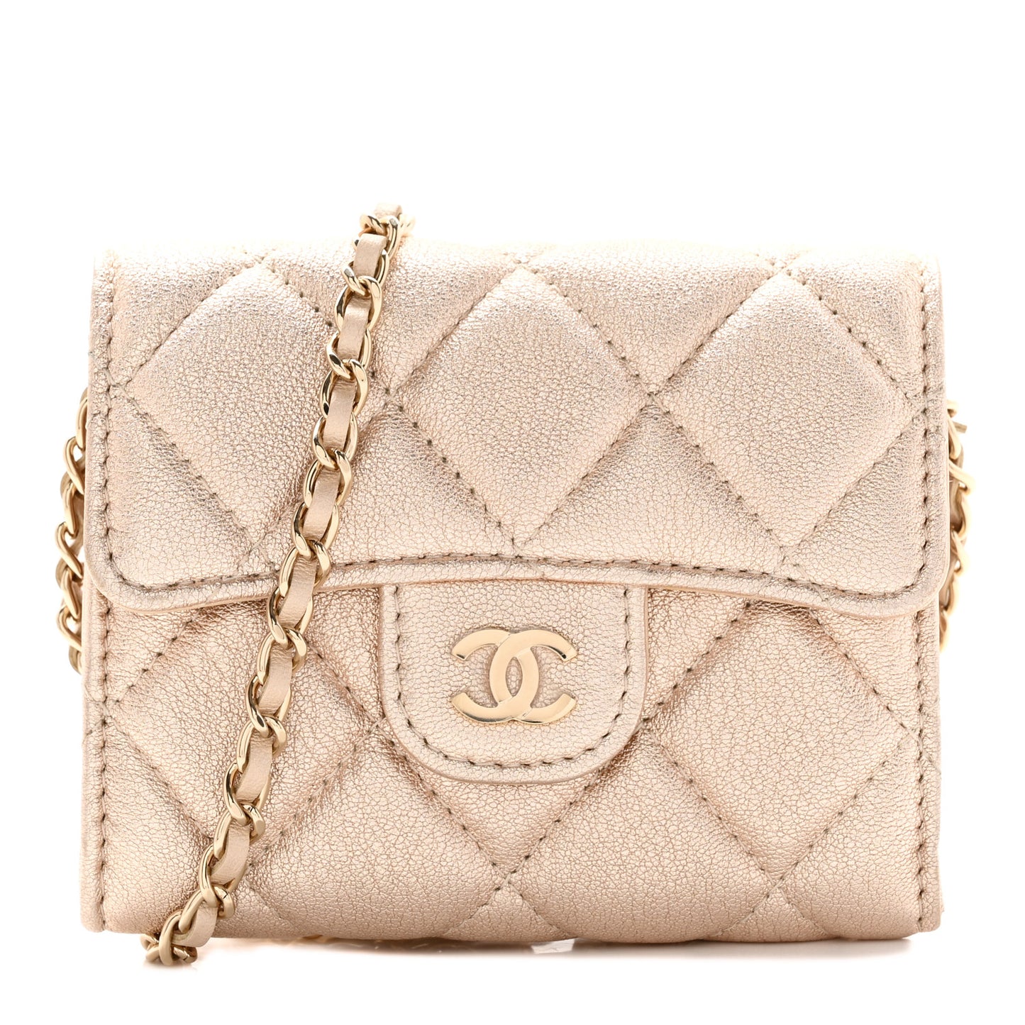 Metallic Lambskin Quilted Flap Card Holder On Chain Gold