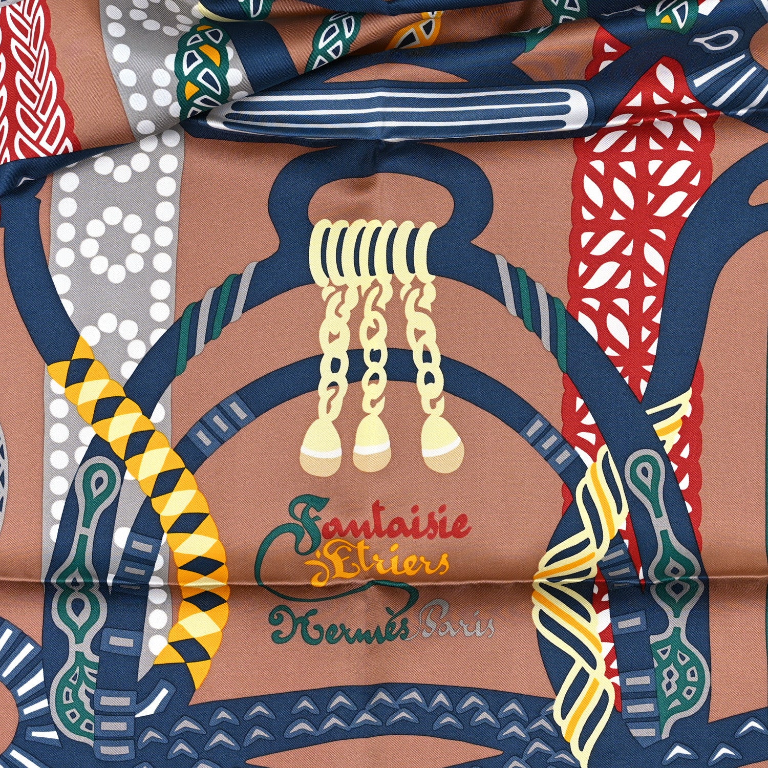 Hermes Silk Fantaisie D'etriers Scarf 90 Creme Noisette Marine 2 of 3