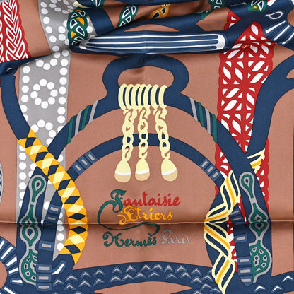 Hermes Silk Fantaisie D'etriers Scarf 90 Creme Noisette Marine 2 of 3