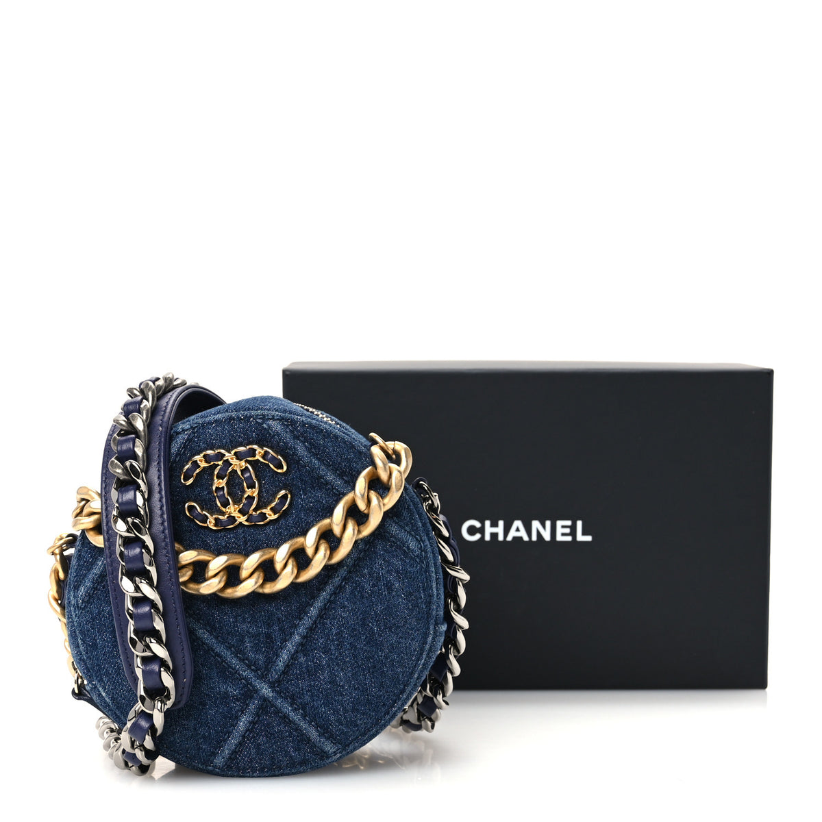 Denim Quilted Chanel 19 Round Clutch With Chain Blue