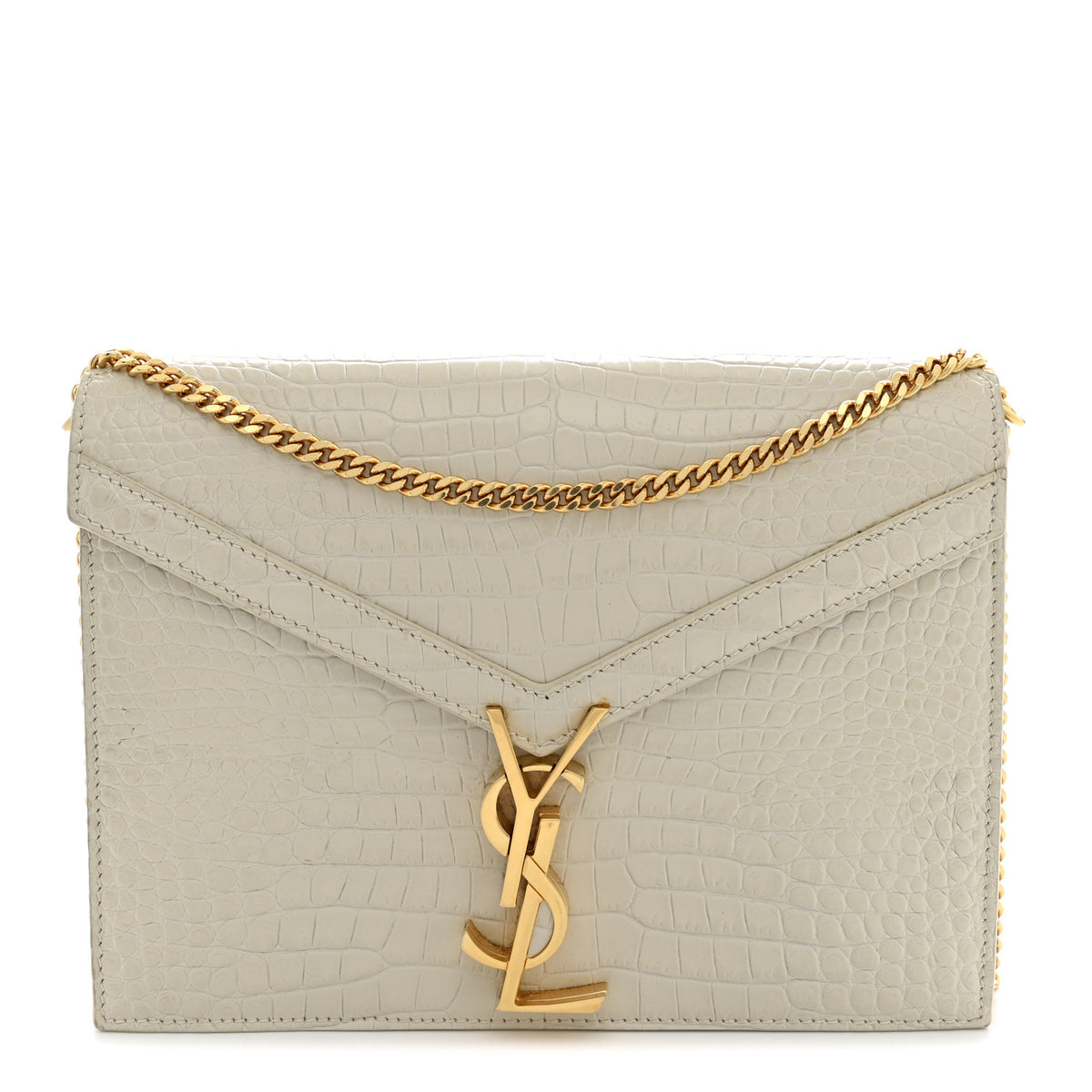 Saint Laurent Calfskin Crocodile Embossed Monogram Cassandra Clasp Bag Crema Soft 1 of 14