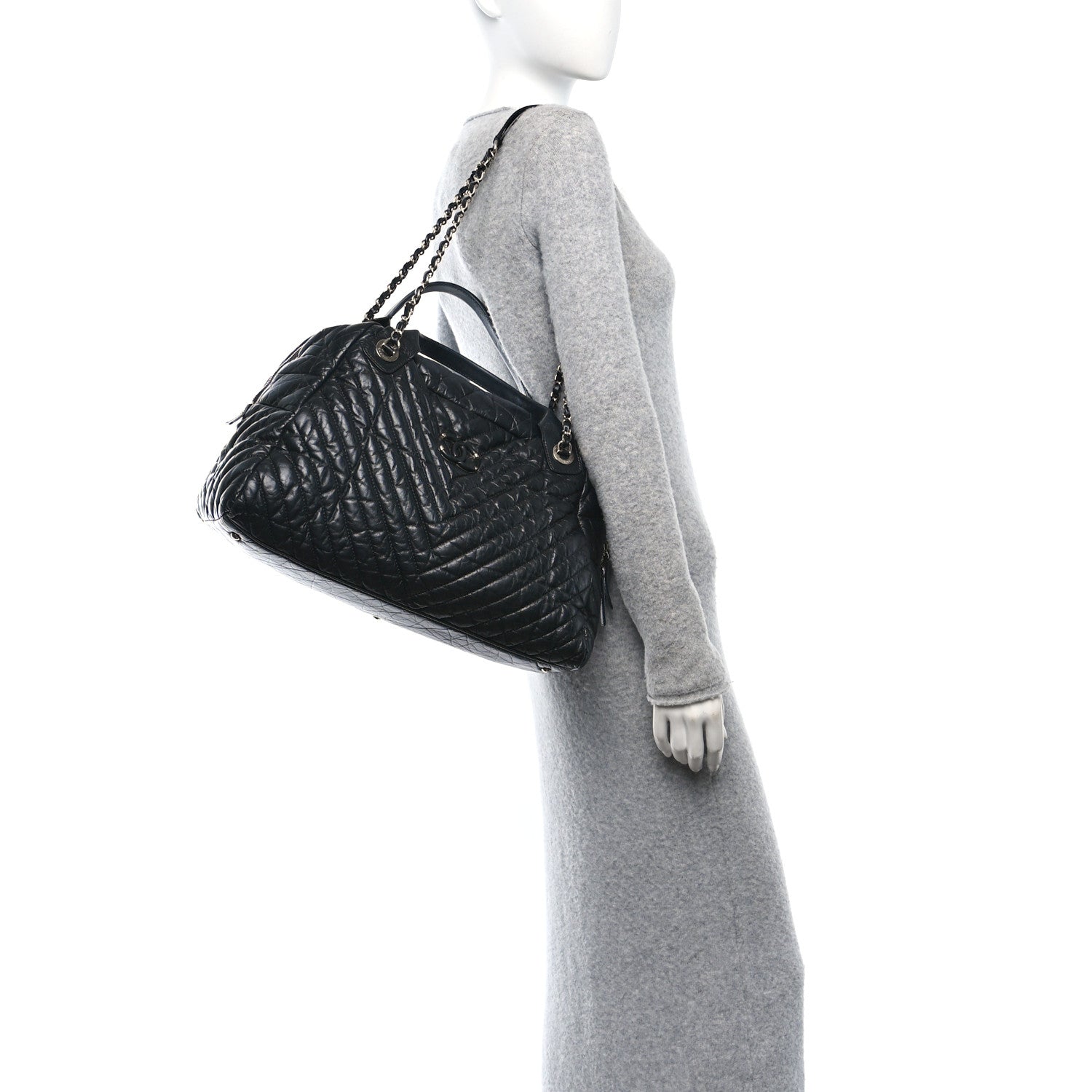 Chanel Aged Calfskin Chevron Large Soft Bowling Bag Black 2 of 17