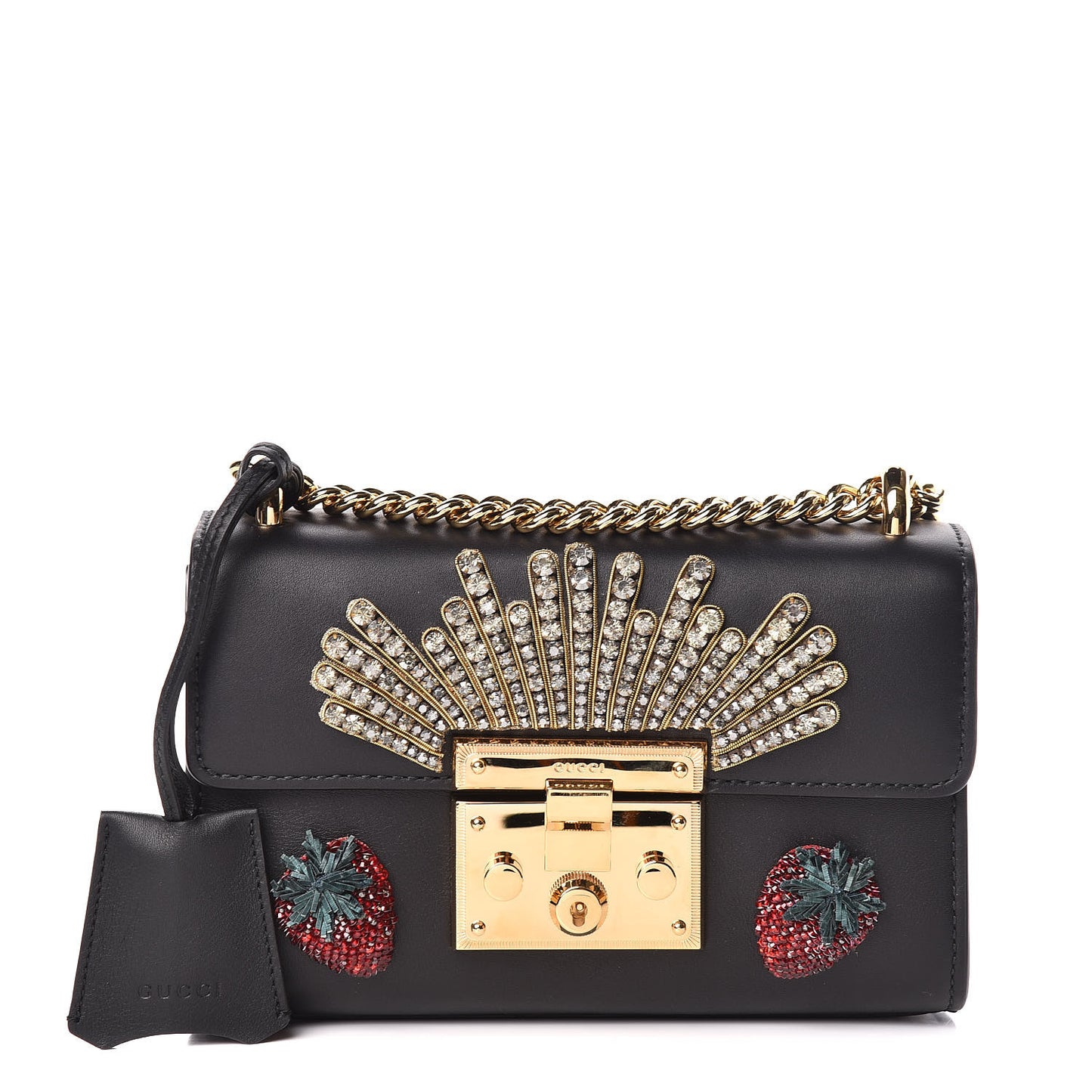 Calfskin Strawberry Embroidered Small Padlock Shoulder Bag Black