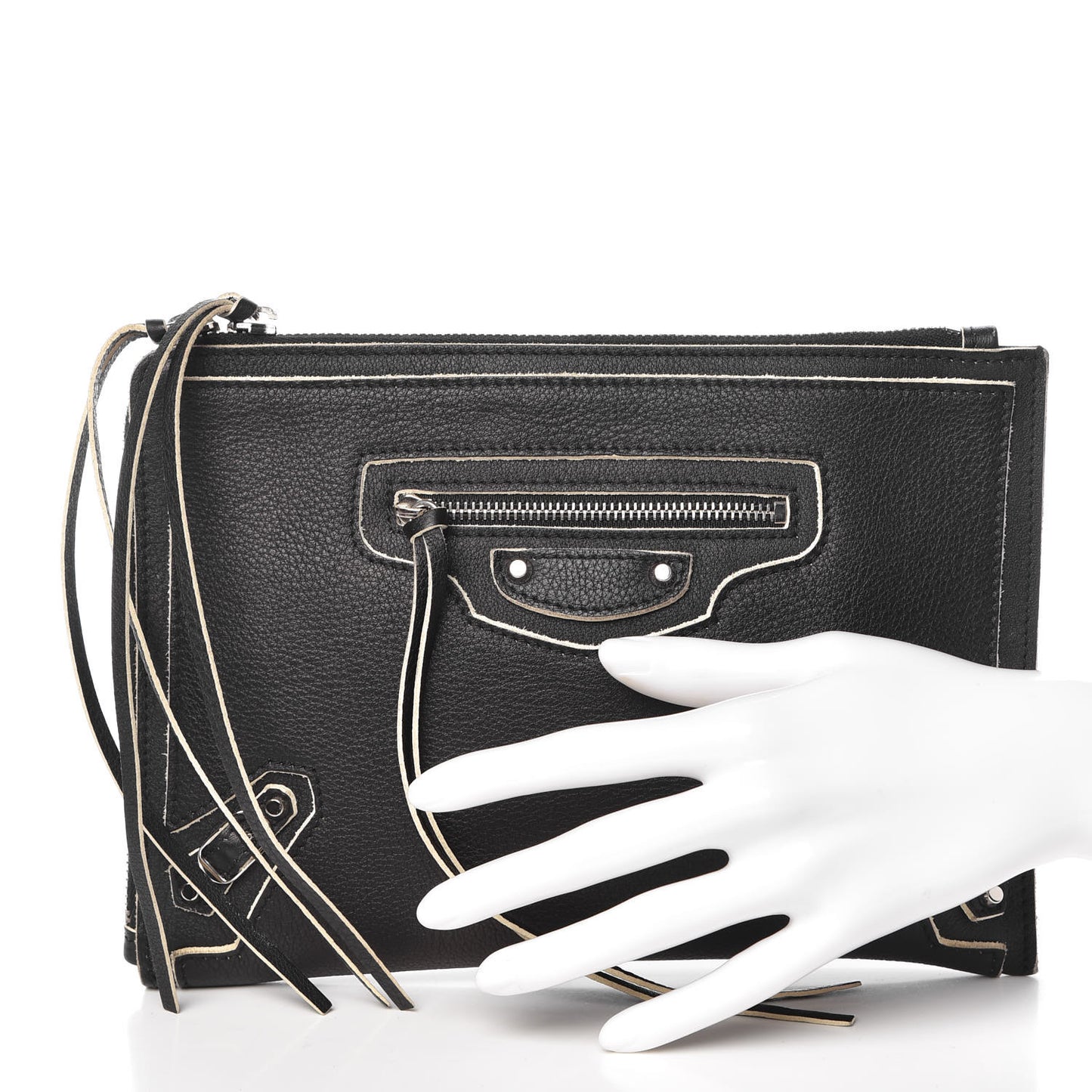 Supple Grained Calfskin Classic Silver Hardware Highlight Pouch Black