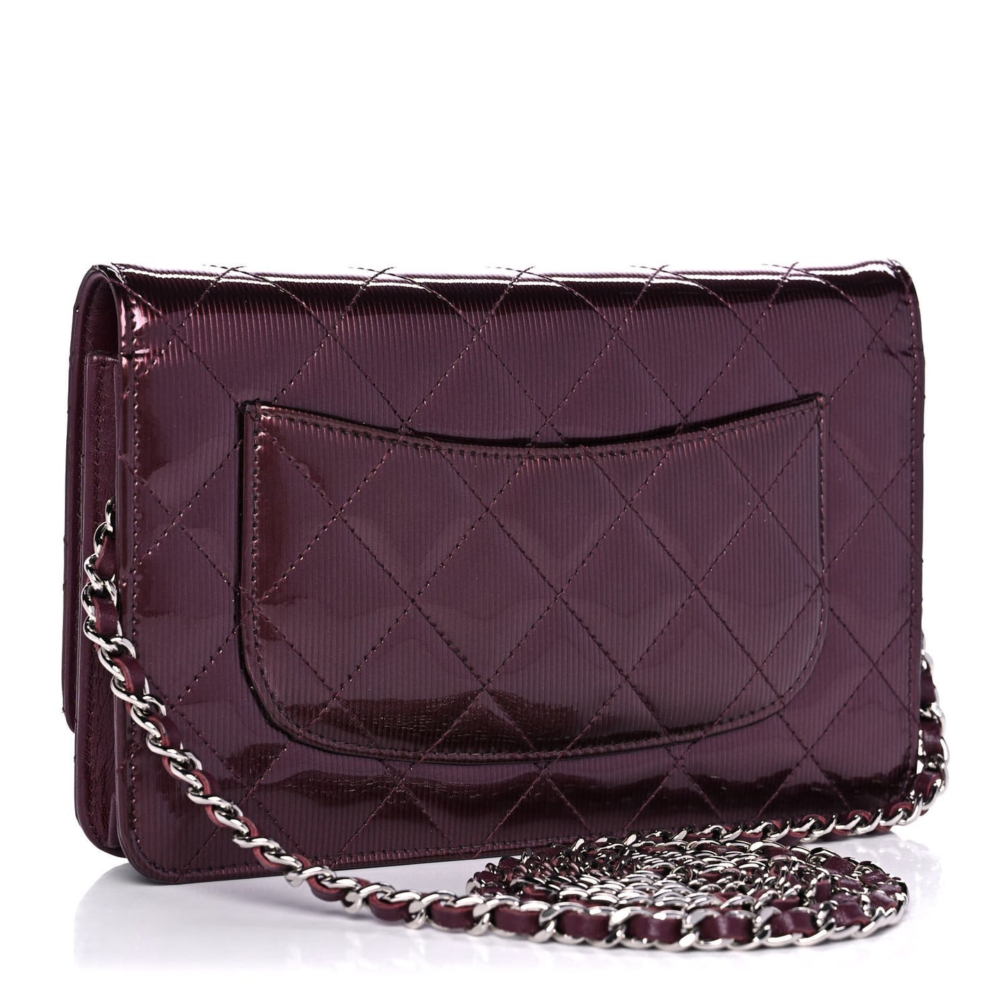 Striated Patent Quilted Wallet on Chain WOC Bordeaux