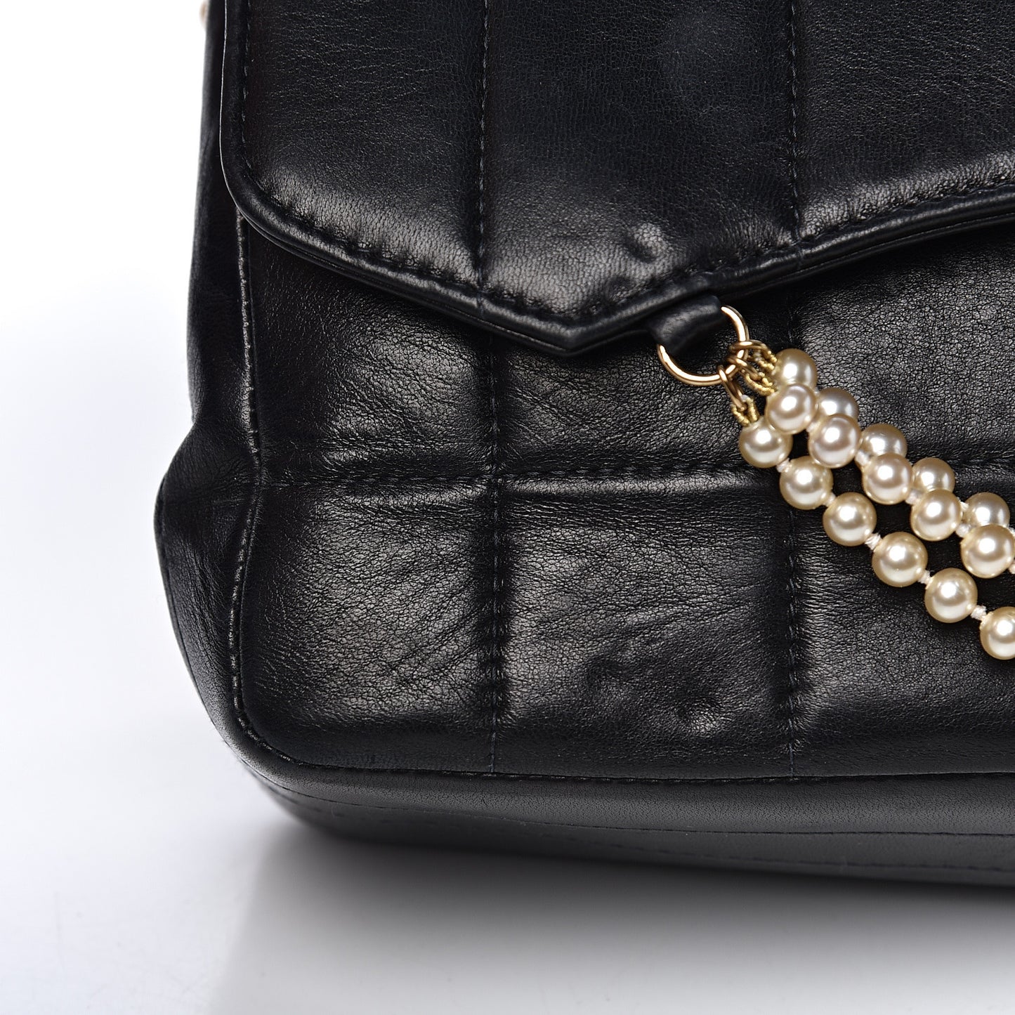 Lambskin Chocolate Bar Pearl Chain Flap Black