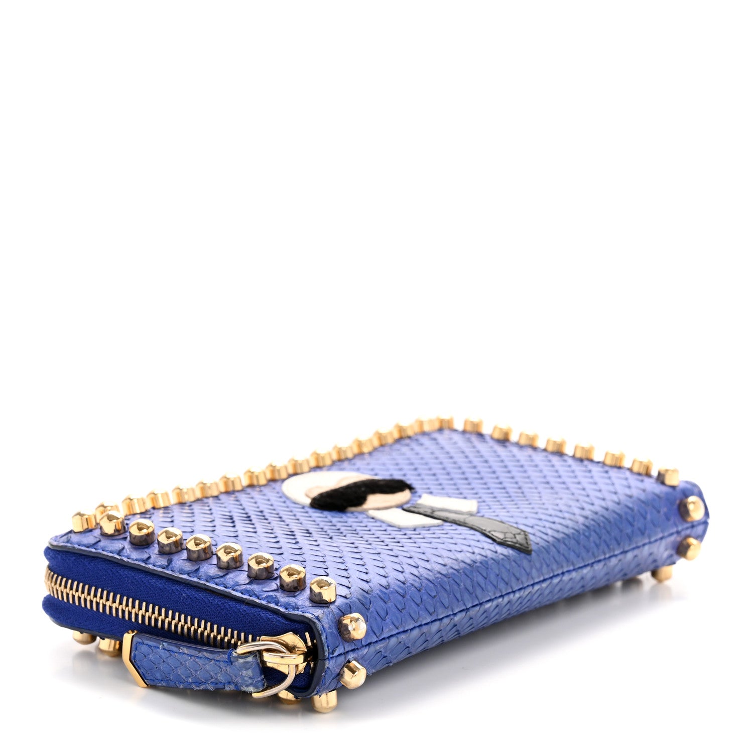 Fendi Snakeskin Mink Fur Studded Karlito Zip Around Wallet Blue 4 of 11