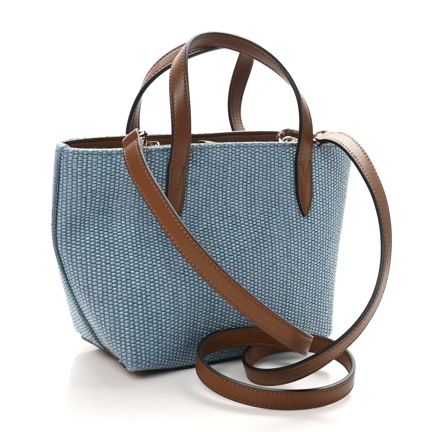 Jimmy Choo Raffia Canvas Logo Embroidered Mini Tote Smoky Blue Tan 3 of 10