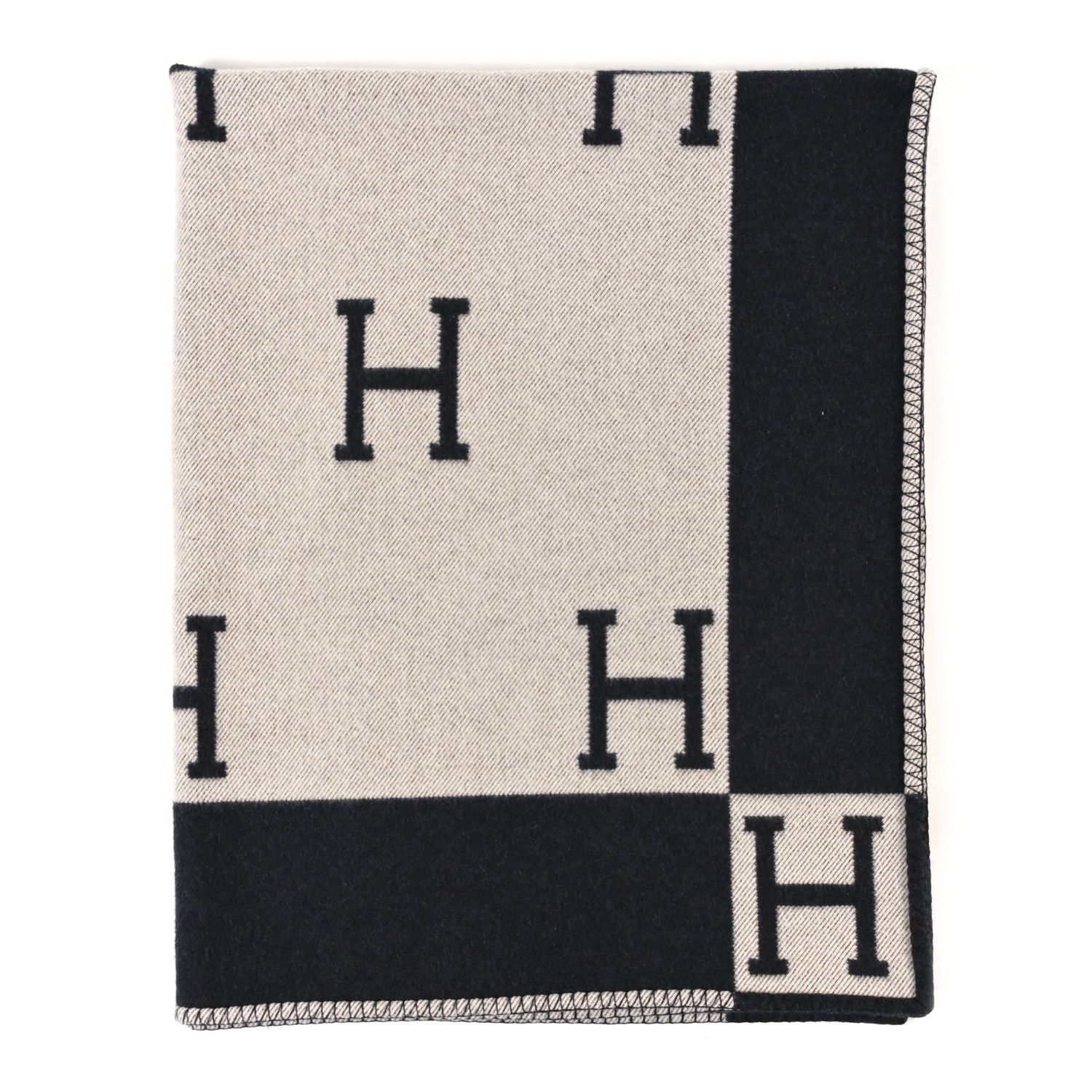Hermes Wool Cashmere Signature Avalon Blanket Ecru Gris Fonce 1 of 5