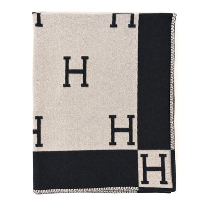 Hermes Wool Cashmere Signature Avalon Blanket Ecru Gris Fonce 1 of 5