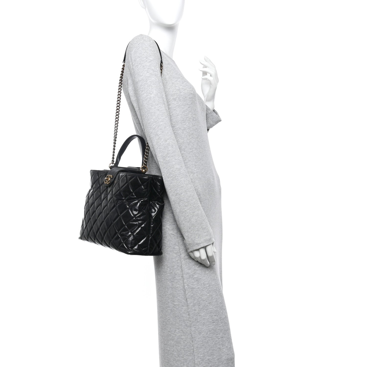 Chanel Glazed Calfskin Quilted Gold Bar Tote Black 2 of 13