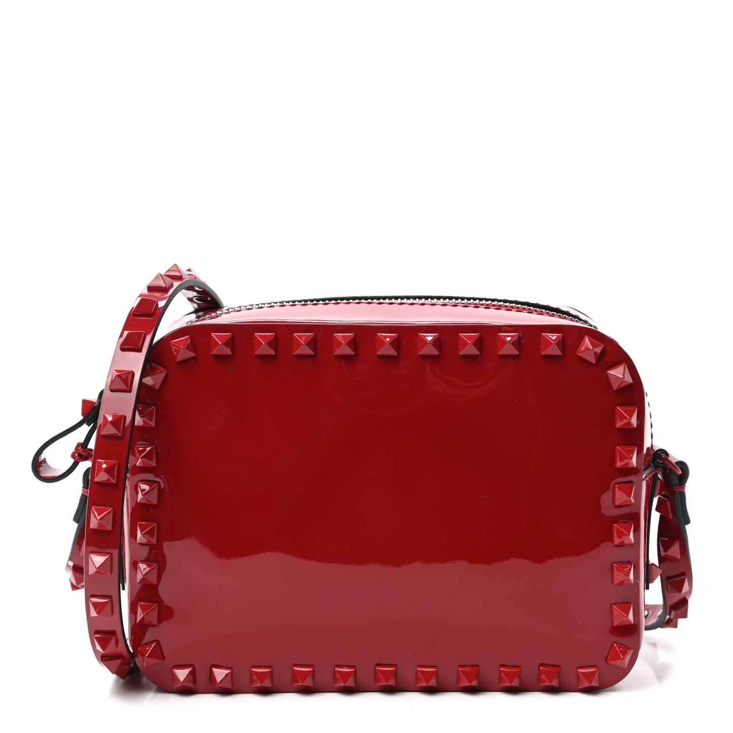 Patent Monochrome Rockstud Camera Crossbody Bag Rosso Valentino