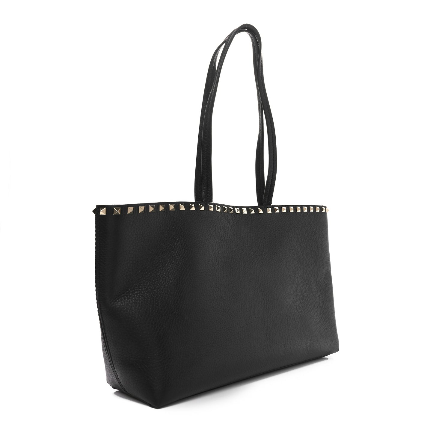Grained Calfskin Small Rockstud Shoulder Tote Black