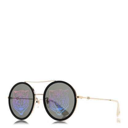 Gucci Metal Round Frame Tiger Print Sunglasses GG0061S Gold 1 of 10