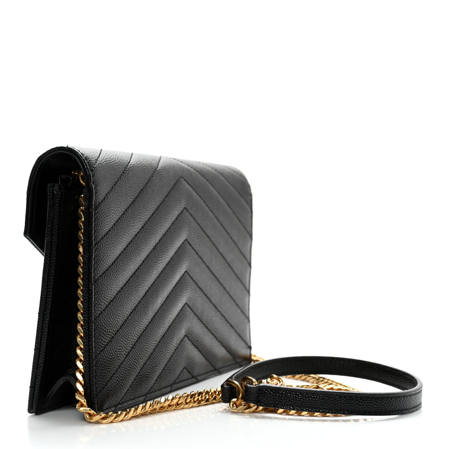 Grain De Poudre Matelasse Chevron Monogram Envelope Chain Wallet Black