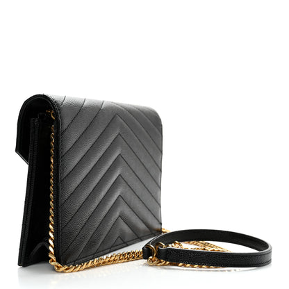 Saint Laurent Grain De Poudre Matelasse Chevron Monogram Envelope Chain Wallet Black 3 of 12
