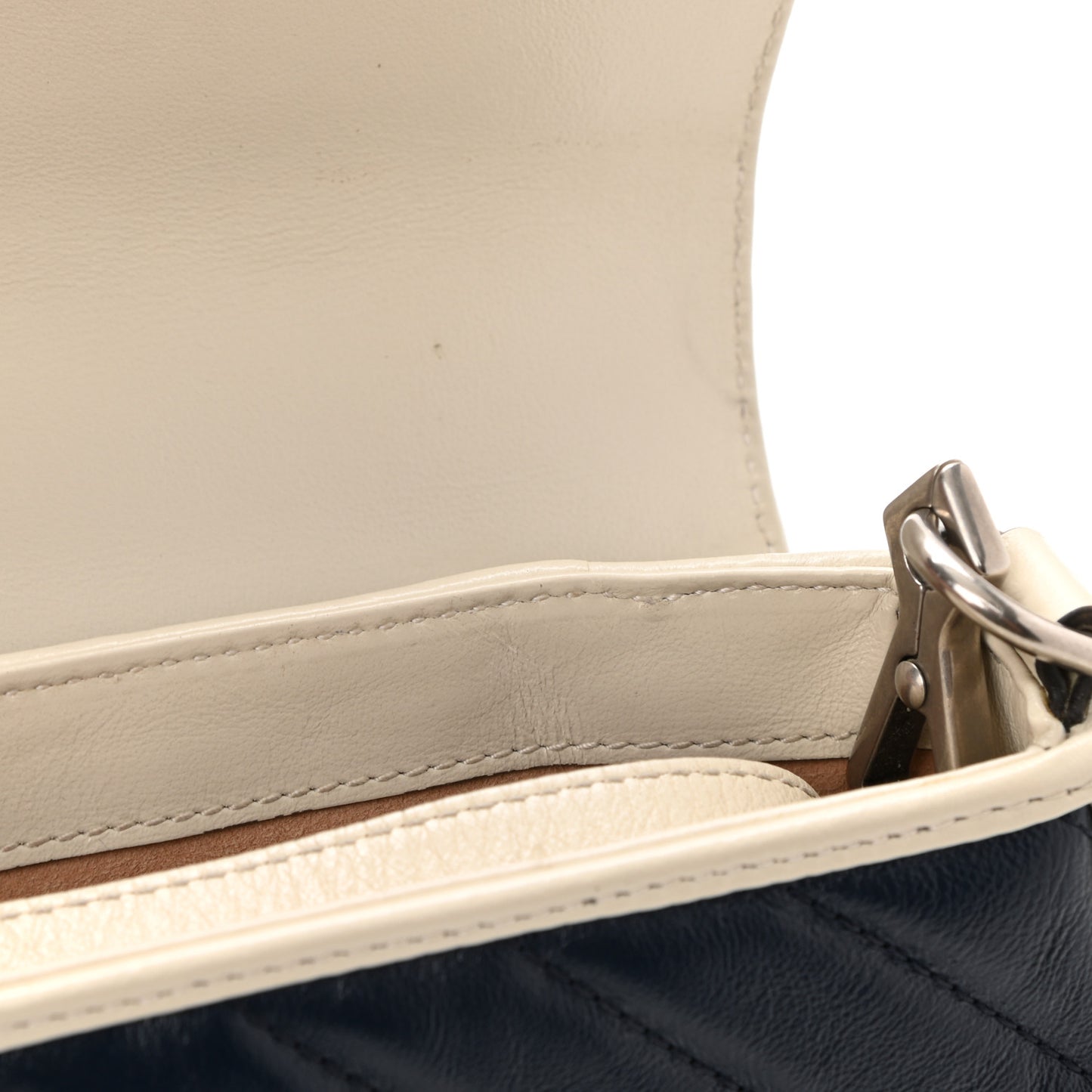 Vintage Effect Calfskin Matelasse Diagonal Mini Torchon GG Marmont Top Handle Shoulder Bag Blue Agata Mystic White
