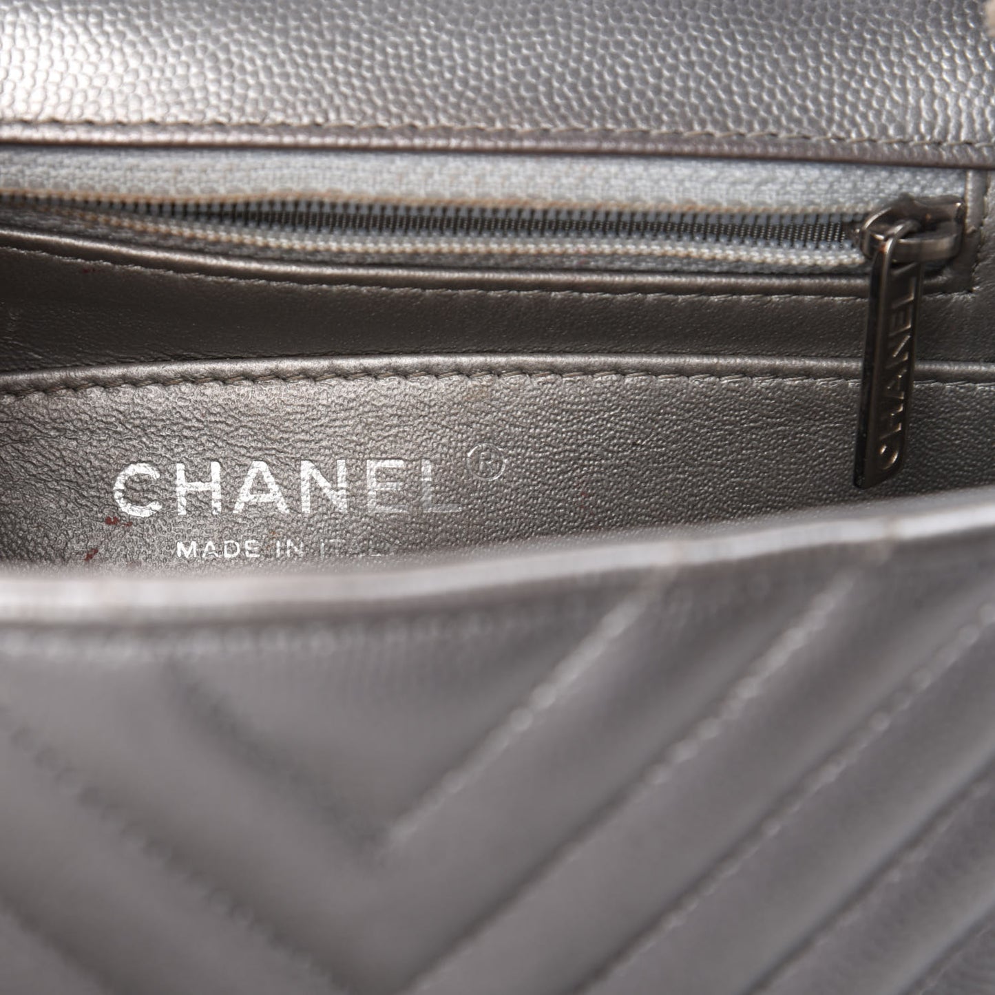 Metallic Caviar Chevron Quilted Mini Square Flap Silver