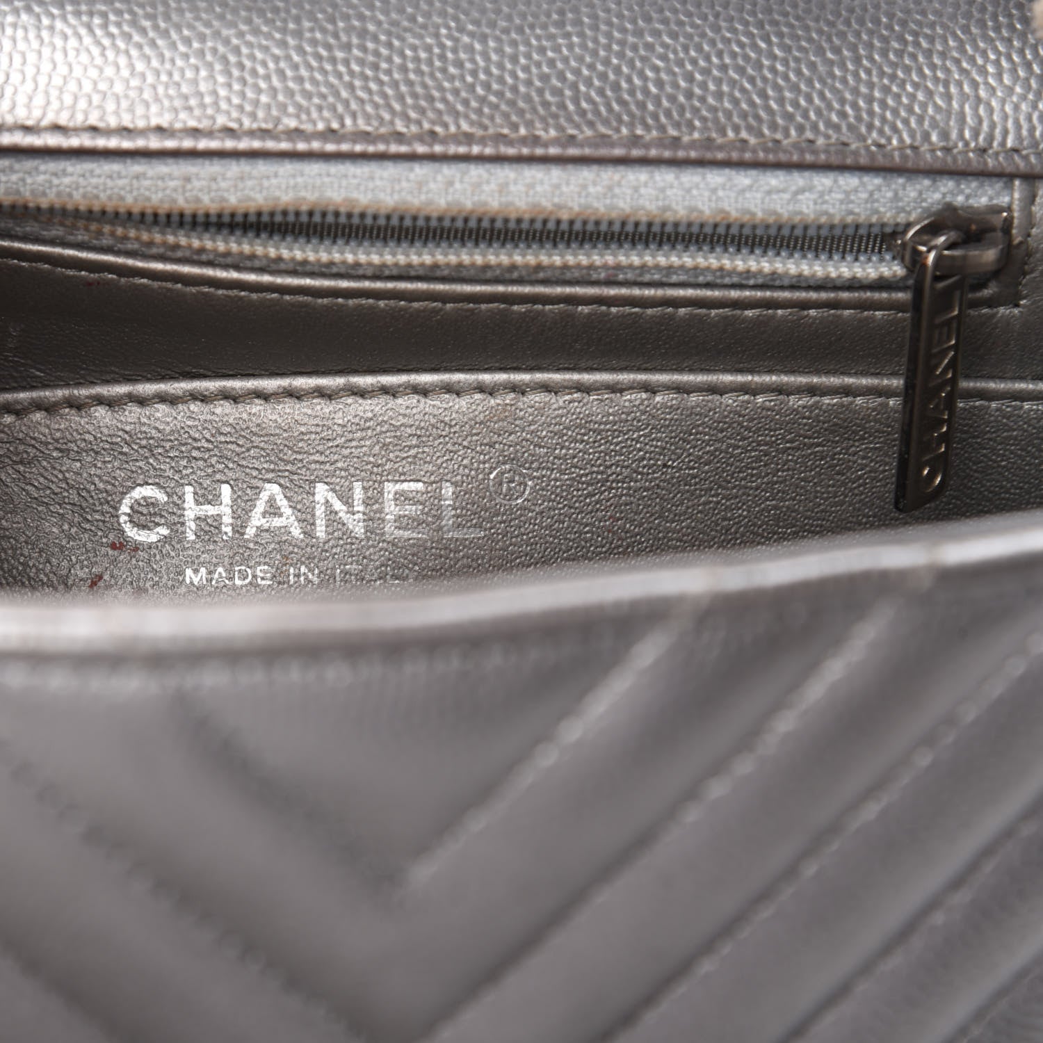 Chanel Metallic Caviar Chevron Quilted Mini Square Flap Silver 9 of 11